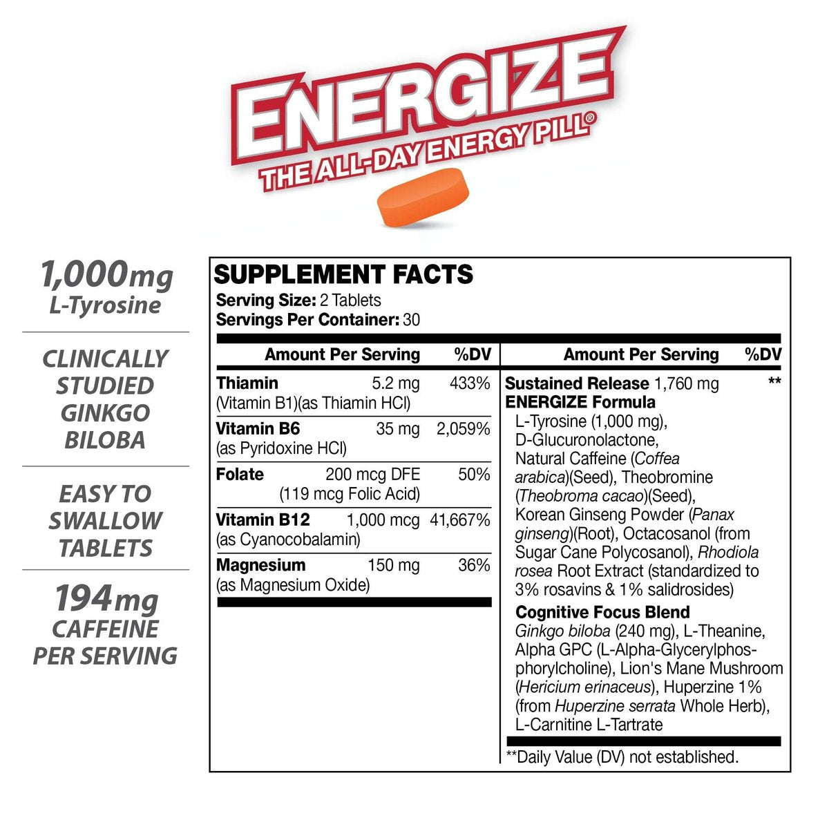 iSatori Energize Brain & Focus Koffeintabletten – Schnell wirkende Energie für den ganzen Tag, Gehirn-Booster, Konzentrations- und Energieergänzung, Zeitfreisetzungskoffein ohne Nervosität oder Energieabfall (60 Tabletten)