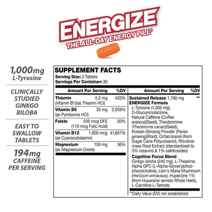 iSatori Energize Brain & Focus Koffeintabletten – Schnell wirkende Energie für den ganzen Tag, Gehirn-Booster, Konzentrations- und Energieergänzung, Zeitfreisetzungskoffein ohne Nervosität oder Energieabfall (60 Tabletten)