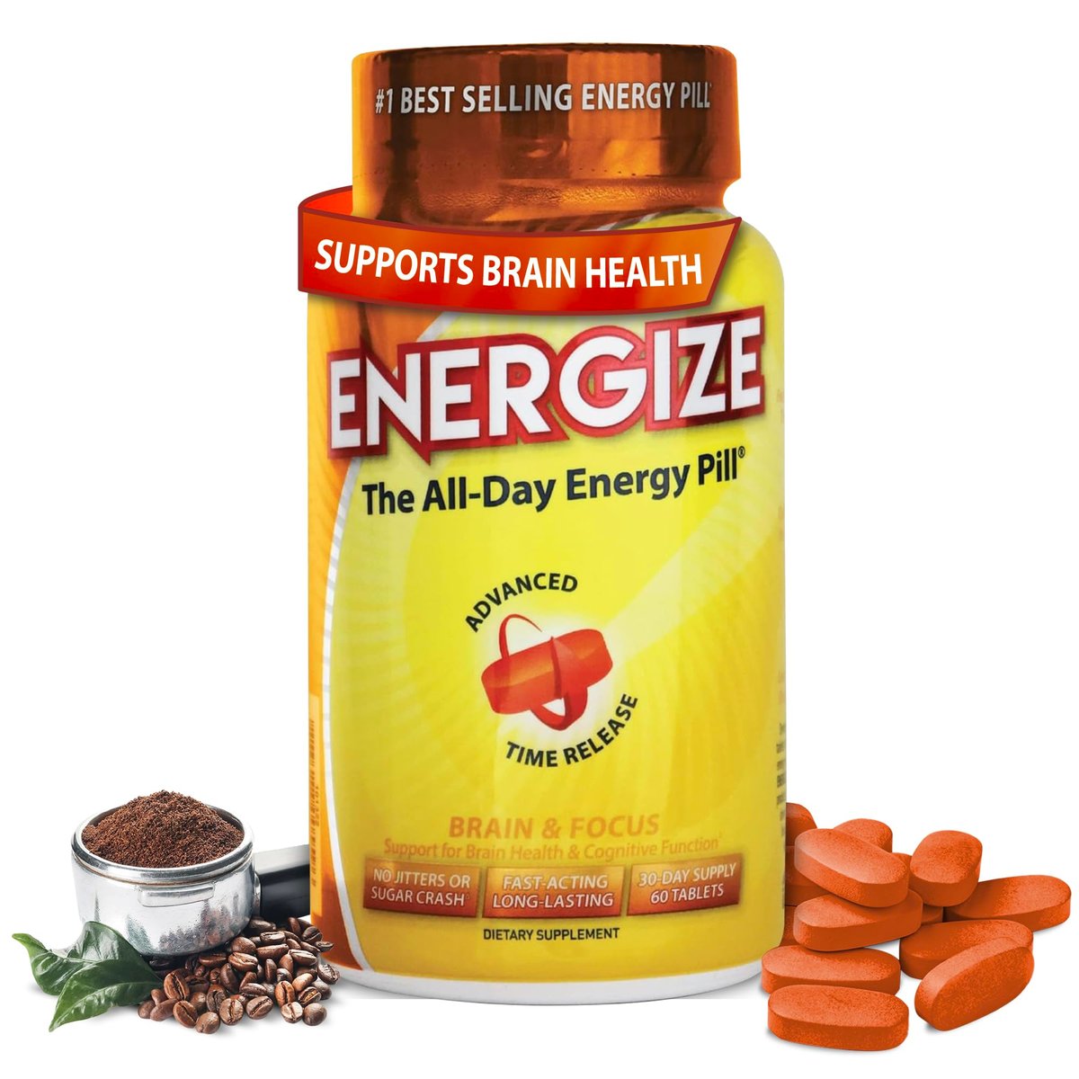 iSatori Energize Brain & Focus Koffeintabletten – Schnell wirkende Energie für den ganzen Tag, Gehirn-Booster, Konzentrations- und Energieergänzung, Zeitfreisetzungskoffein ohne Nervosität oder Energieabfall (60 Tabletten)