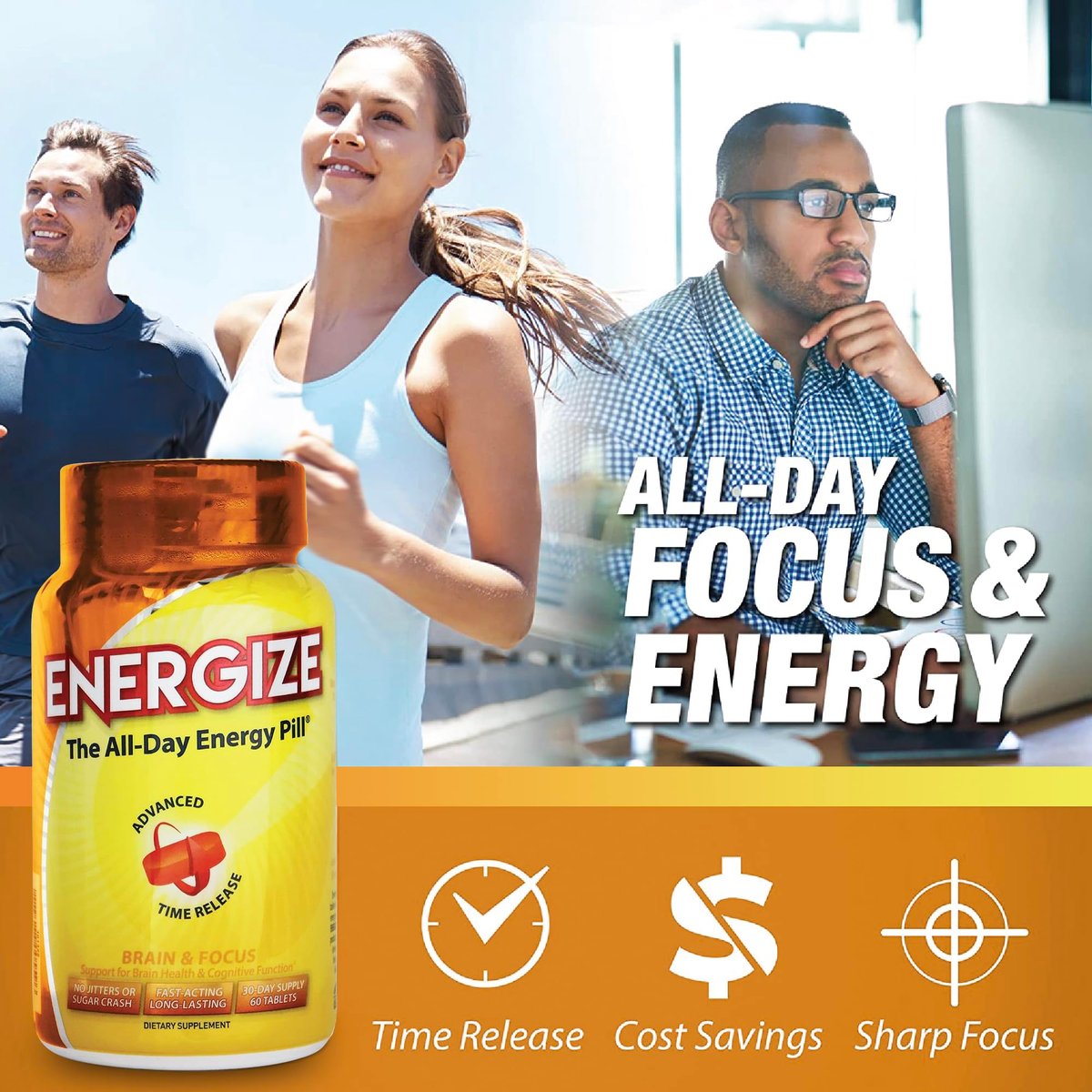 iSatori Energize Brain & Focus Koffeintabletten – Schnell wirkende Energie für den ganzen Tag, Gehirn-Booster, Konzentrations- und Energieergänzung, Zeitfreisetzungskoffein ohne Nervosität oder Energieabfall (60 Tabletten)