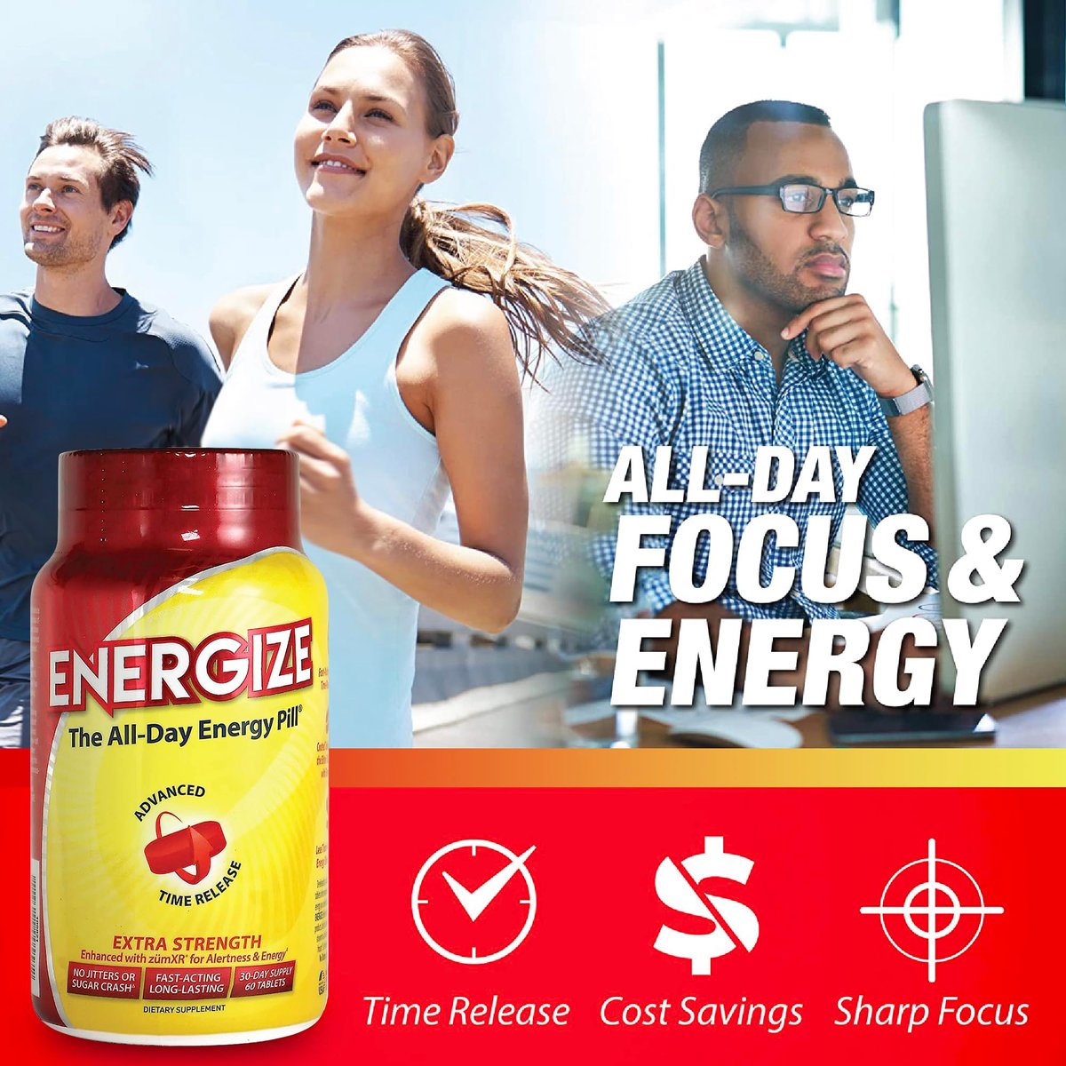 iSatori Energize Extra Stark Koffeintabletten für Männer & Frauen | Schnell wirkende, langanhaltende Energie | Verbesserte Klarheit und Konzentration | Kein Zittern, kein Crash | 60 Tabletten
