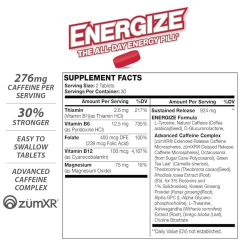 iSatori Energize Extra Stark Koffeintabletten für Männer & Frauen | Schnell wirkende, langanhaltende Energie | Verbesserte Klarheit und Konzentration | Kein Zittern, kein Crash | 60 Tabletten