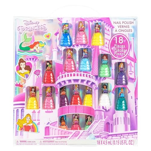 Townley Girl Disney Princess 18-teiliges Nagellack-Set auf Wasserbasis – Schnelltrocknend und abziehbar, Nagellack-Set für Mädchen ab 3 Jahren
