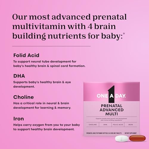 One A Day Prenatal Advanced – Schwangerschaftsvitamine mit Folsäure, Cholin, DHA & Eisen, 30+30 Tabletten (60er Set)