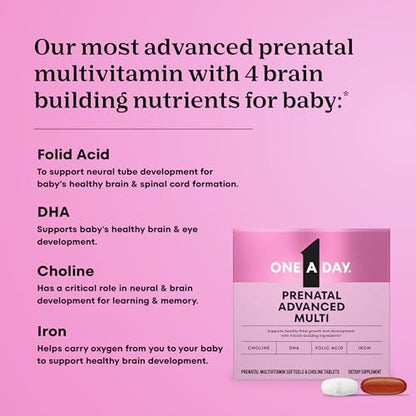 One A Day Prenatal Advanced – Schwangerschaftsvitamine mit Folsäure, Cholin, DHA & Eisen, 30+30 Tabletten (60er Set)