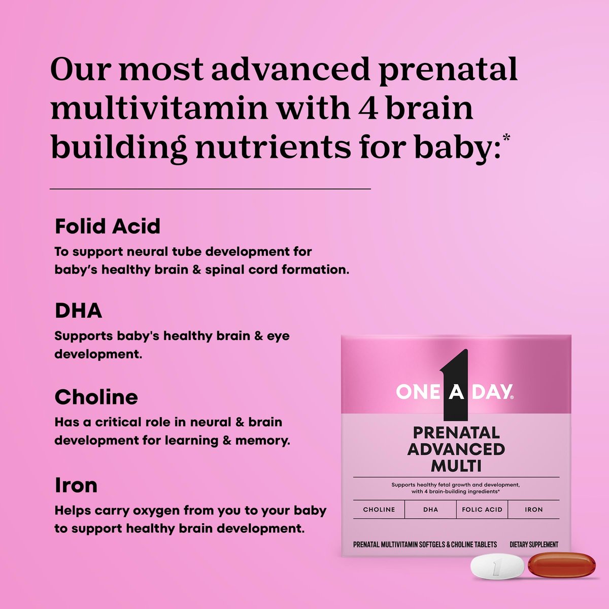 One A Day Prenatal Advanced – Schwangerschaftsvitamine mit Folsäure, Cholin, DHA & Eisen, 30+30 Tabletten (60er Set)