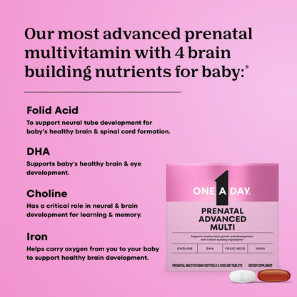 One A Day Prenatal Advanced – Schwangerschaftsvitamine mit Folsäure, Cholin, DHA & Eisen, 30+30 Tabletten (60er Set)