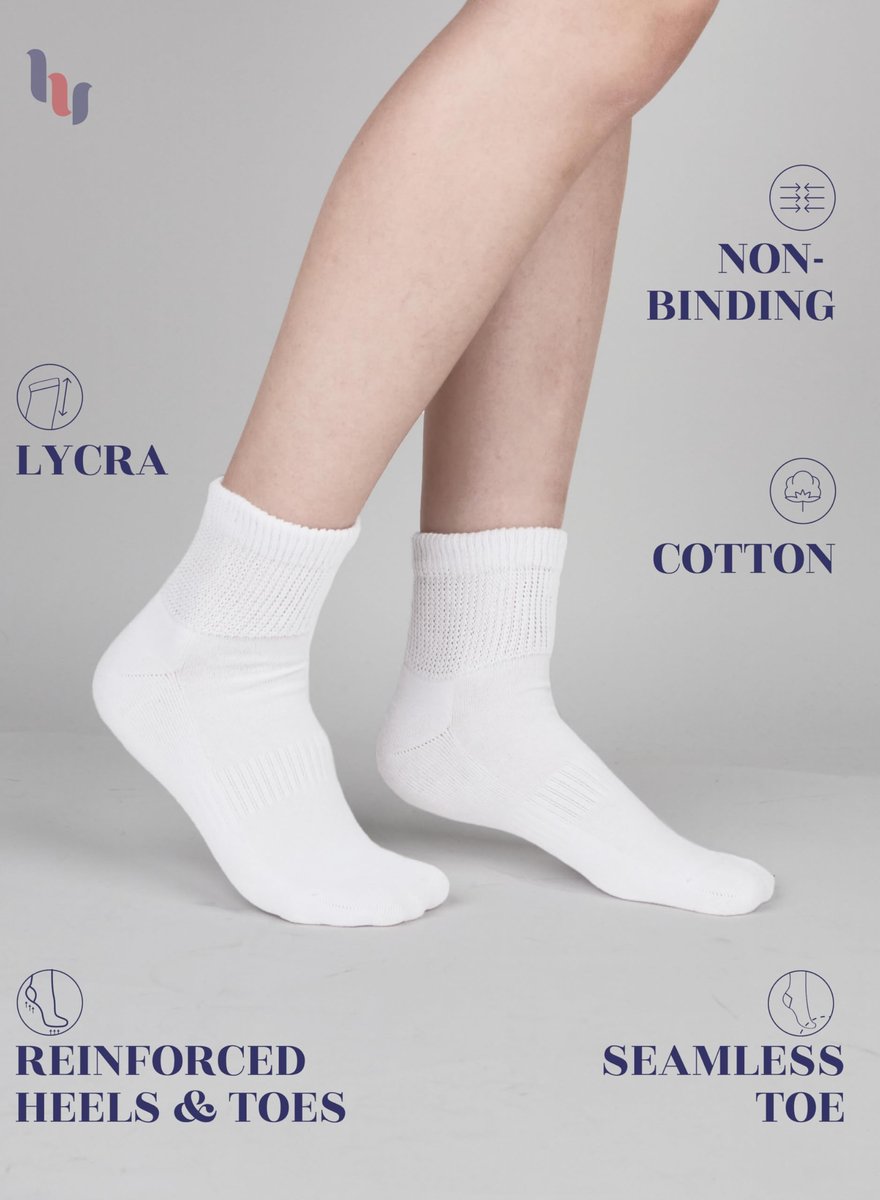Hugh Ugoli Damen Baumwoll-Diabetes-Knöchelsocken, Weit, Locker & Dehnbar, Nahtlose Zehe & Nicht einschnürendes Bündchen, Halbe Polsterung, 3 Paar, Weiß, Schuhgröße: 6-9