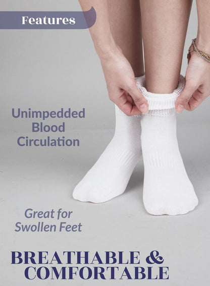 Hugh Ugoli Damen Baumwoll-Diabetes-Knöchelsocken, Weit, Locker & Dehnbar, Nahtlose Zehe & Nicht einschnürendes Bündchen, Halbe Polsterung, 3 Paar, Weiß, Schuhgröße: 6-9