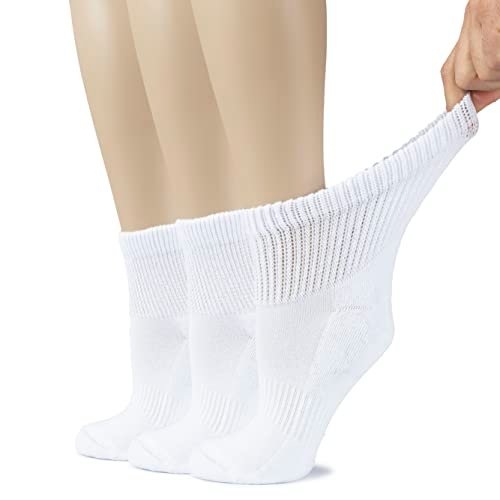 Hugh Ugoli Damen Baumwoll-Diabetes-Knöchelsocken, Weit, Locker & Dehnbar, Nahtlose Zehe & Nicht einschnürendes Bündchen, Halbe Polsterung, 3 Paar, Weiß, Schuhgröße: 6-9