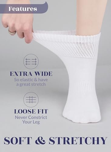 Hugh Ugoli Damen Baumwoll-Diabetes-Knöchelsocken, Weit, Locker & Dehnbar, Nahtlose Zehe & Nicht einschnürendes Bündchen, Halbe Polsterung, 3 Paar, Weiß, Schuhgröße: 6-9