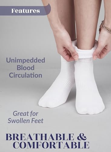 Hugh Ugoli Damen Baumwoll-Diabetes-Knöchelsocken, Weit, Locker & Dehnbar, Nahtlose Zehe & Nicht einschnürendes Bündchen, Halbe Polsterung, 3 Paar, Weiß, Schuhgröße: 6-9
