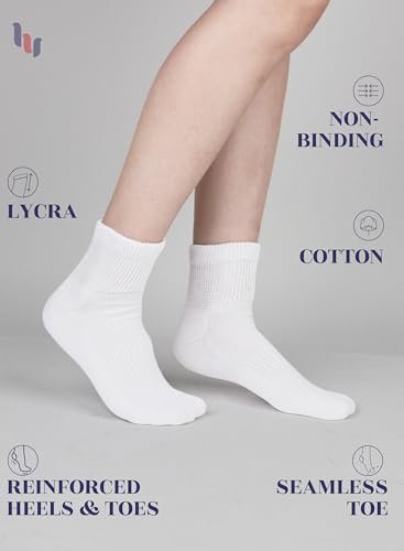 Hugh Ugoli Damen Baumwoll-Diabetes-Knöchelsocken, Weit, Locker & Dehnbar, Nahtlose Zehe & Nicht einschnürendes Bündchen, Halbe Polsterung, 3 Paar, Weiß, Schuhgröße: 6-9