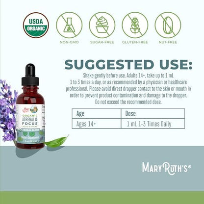 MARYRUTH'S Organics - Bio Nootropikum für Erwachsene mit Ginkgo Biloba & Astragalus | Konzentration & Nebennierenunterstützung | Gedächtnis & Gehirn Tropfen | Vegan | Non-GMO | Glutenfrei | 30 Portionen