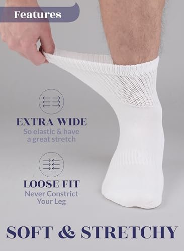 Hugh Ugoli Herren Diabetiker-Baumwoll-Knöchelsocken, Weit, Locker und Dehnbar, Nahtlose Zehenpartie & Nicht Einschnürendes Bündchen, Halbgepolstert, 3 Paar, Weiß, Schuhgröße: 41-45