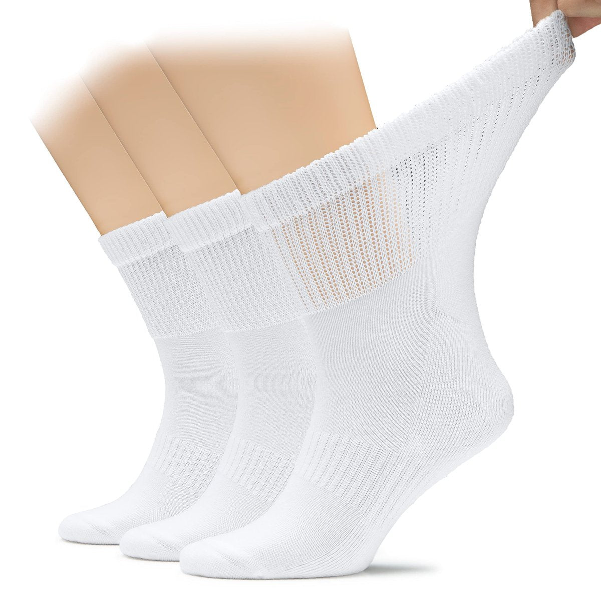 Hugh Ugoli Herren Diabetiker-Baumwoll-Knöchelsocken, Weit, Locker und Dehnbar, Nahtlose Zehenpartie & Nicht Einschnürendes Bündchen, Halbgepolstert, 3 Paar, Weiß, Schuhgröße: 41-45