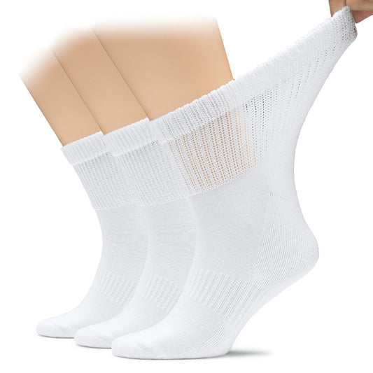 Hugh Ugoli Herren Diabetiker-Baumwoll-Knöchelsocken, Weit, Locker und Dehnbar, Nahtlose Zehenpartie & Nicht Einschnürendes Bündchen, Halbgepolstert, 3 Paar, Weiß, Schuhgröße: 41-45