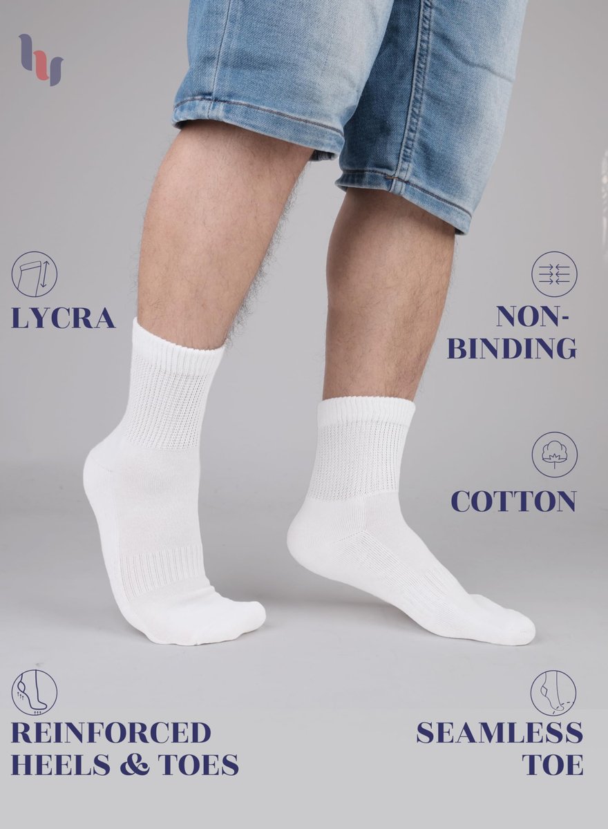 Hugh Ugoli Herren Diabetiker-Baumwoll-Knöchelsocken, Weit, Locker und Dehnbar, Nahtlose Zehenpartie & Nicht Einschnürendes Bündchen, Halbgepolstert, 3 Paar, Weiß, Schuhgröße: 41-45