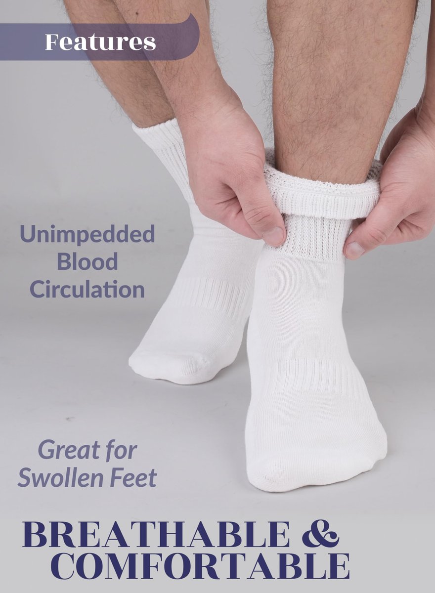 Hugh Ugoli Herren Diabetiker-Baumwoll-Knöchelsocken, Weit, Locker und Dehnbar, Nahtlose Zehenpartie & Nicht Einschnürendes Bündchen, Halbgepolstert, 3 Paar, Weiß, Schuhgröße: 41-45