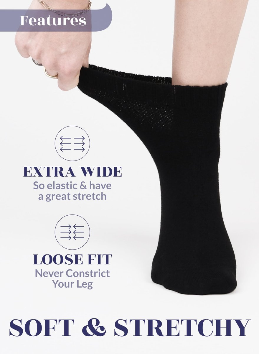 Hugh Ugoli Damen Baumwoll-Diabetikersocken, Weit, Locker & Dehnbar, Nahtlose Zehenpartie & Nicht einschnürendes Bündchen, Halbgepolstert, 3 Paar, Schwarz, Schuhgröße: 9-12