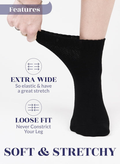 Hugh Ugoli Damen Baumwoll-Diabetikersocken, Weit, Locker & Dehnbar, Nahtlose Zehenpartie & Nicht einschnürendes Bündchen, Halbgepolstert, 3 Paar, Schwarz, Schuhgröße: 9-12
