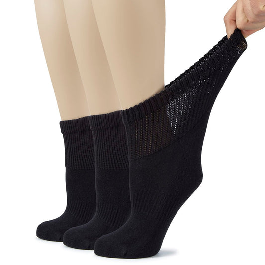Hugh Ugoli Damen Baumwoll-Diabetikersocken, Weit, Locker & Dehnbar, Nahtlose Zehenpartie & Nicht einschnürendes Bündchen, Halbgepolstert, 3 Paar, Schwarz, Schuhgröße: 9-12