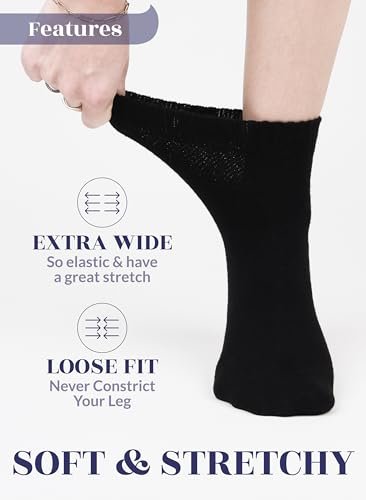 Hugh Ugoli Damen Baumwoll-Diabetikersocken, Weit, Locker & Dehnbar, Nahtlose Zehenpartie & Nicht einschnürendes Bündchen, Halbgepolstert, 3 Paar, Schwarz, Schuhgröße: 9-12