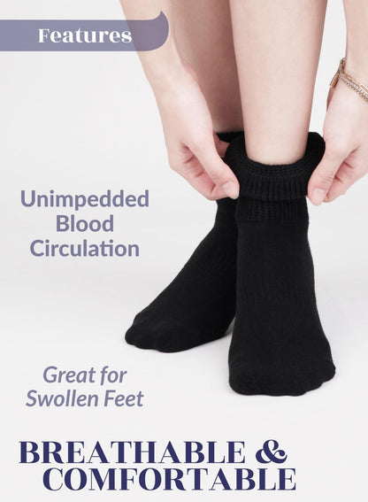 Hugh Ugoli Damen Baumwoll-Diabetikersocken, Weit, Locker & Dehnbar, Nahtlose Zehenpartie & Nicht einschnürendes Bündchen, Halbgepolstert, 3 Paar, Schwarz, Schuhgröße: 9-12
