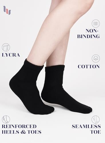 Hugh Ugoli Damen Baumwoll-Diabetikersocken, Weit, Locker & Dehnbar, Nahtlose Zehenpartie & Nicht einschnürendes Bündchen, Halbgepolstert, 3 Paar, Schwarz, Schuhgröße: 9-12