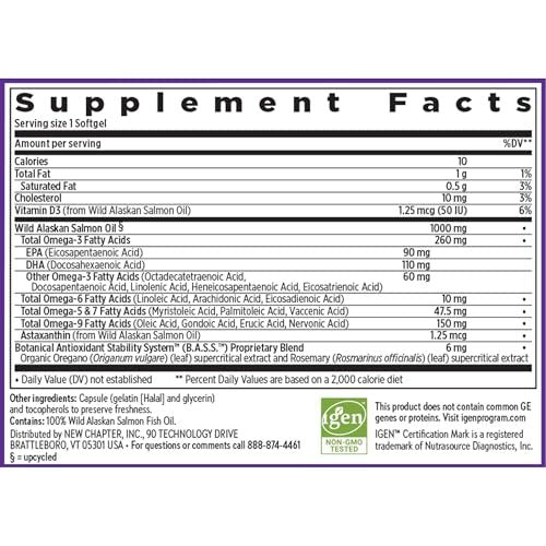 New Chapter Omega-3 Complex 1000mg Weichkapseln – Fischölergänzung mit Wild Alaska Lachs für Herz, Gehirn, Augen, Gelenke und Haut – 30 Stück