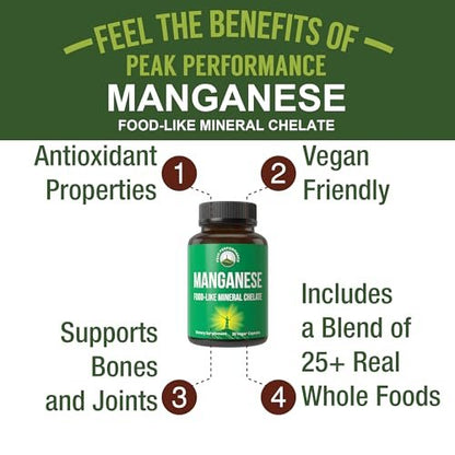 Mangan Nahrungsergänzungsmittel – Chelatiert für verbesserte Aufnahme mit Vollwert-Blend aus über 25 Früchten & Gemüsen. Reine Spurenelement-Kapseln für Bindegewebe, Knochengesundheit, Enzymunterstützung