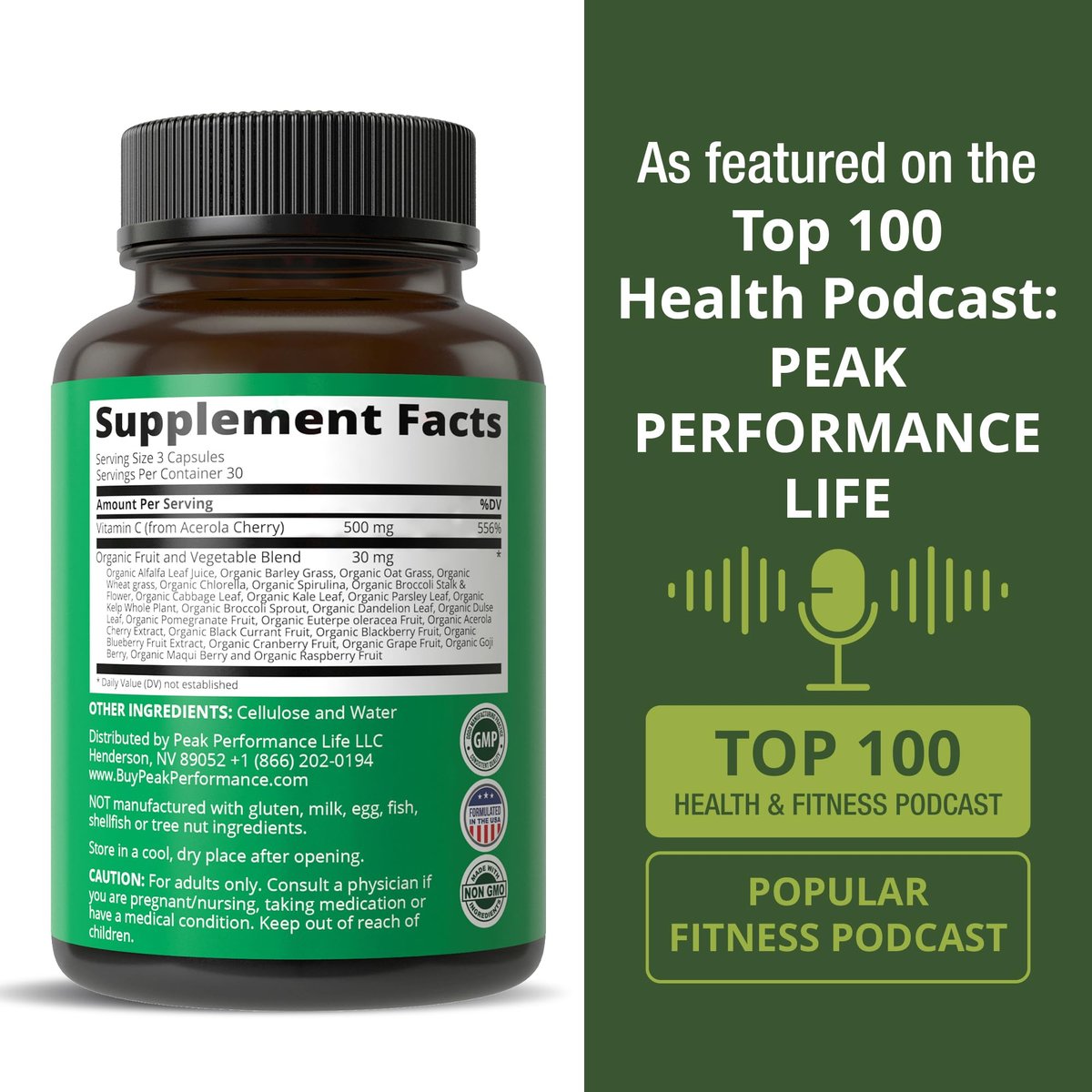 Peak Performance Natürliches Vitamin C aus Acerola-Kirsche – 90 Kapseln, 500 mg pro Portion, vegan, aus den USA
