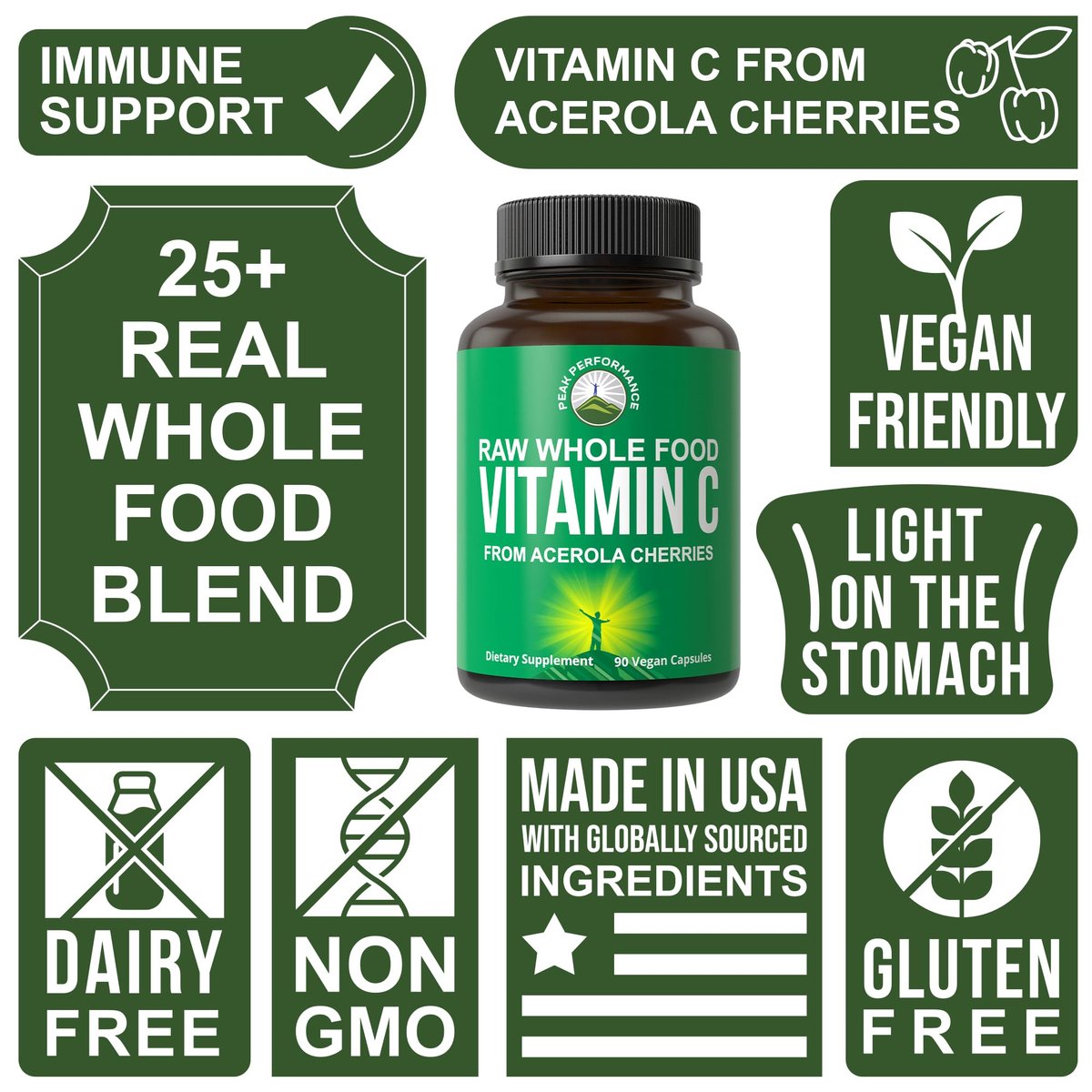 Peak Performance Natürliches Vitamin C aus Acerola-Kirsche – 90 Kapseln, 500 mg pro Portion, vegan, aus den USA