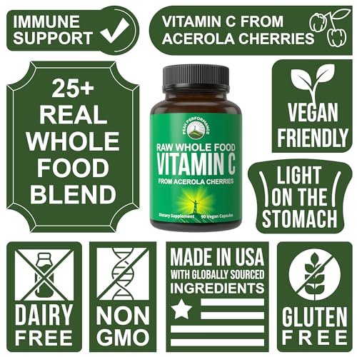 Peak Performance Natürliches Vitamin C aus Acerola-Kirsche – 90 Kapseln, 500 mg pro Portion, vegan, aus den USA