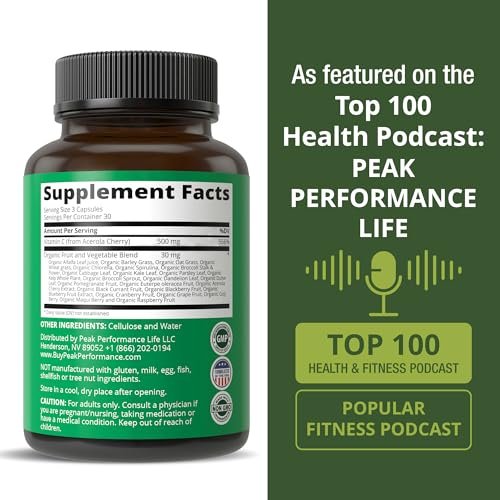 Peak Performance Natürliches Vitamin C aus Acerola-Kirsche – 90 Kapseln, 500 mg pro Portion, vegan, aus den USA