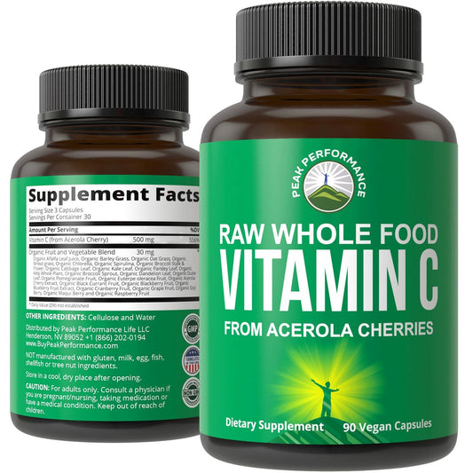 Peak Performance Natürliches Vitamin C aus Acerola-Kirsche – 90 Kapseln, 500 mg pro Portion, vegan, aus den USA