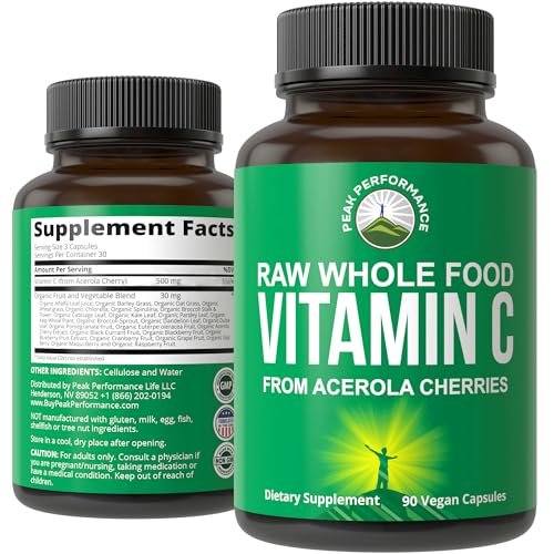 Peak Performance Natürliches Vitamin C aus Acerola-Kirsche – 90 Kapseln, 500 mg pro Portion, vegan, aus den USA