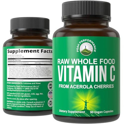 Peak Performance Natürliches Vitamin C aus Acerola-Kirsche – 90 Kapseln, 500 mg pro Portion, vegan, aus den USA