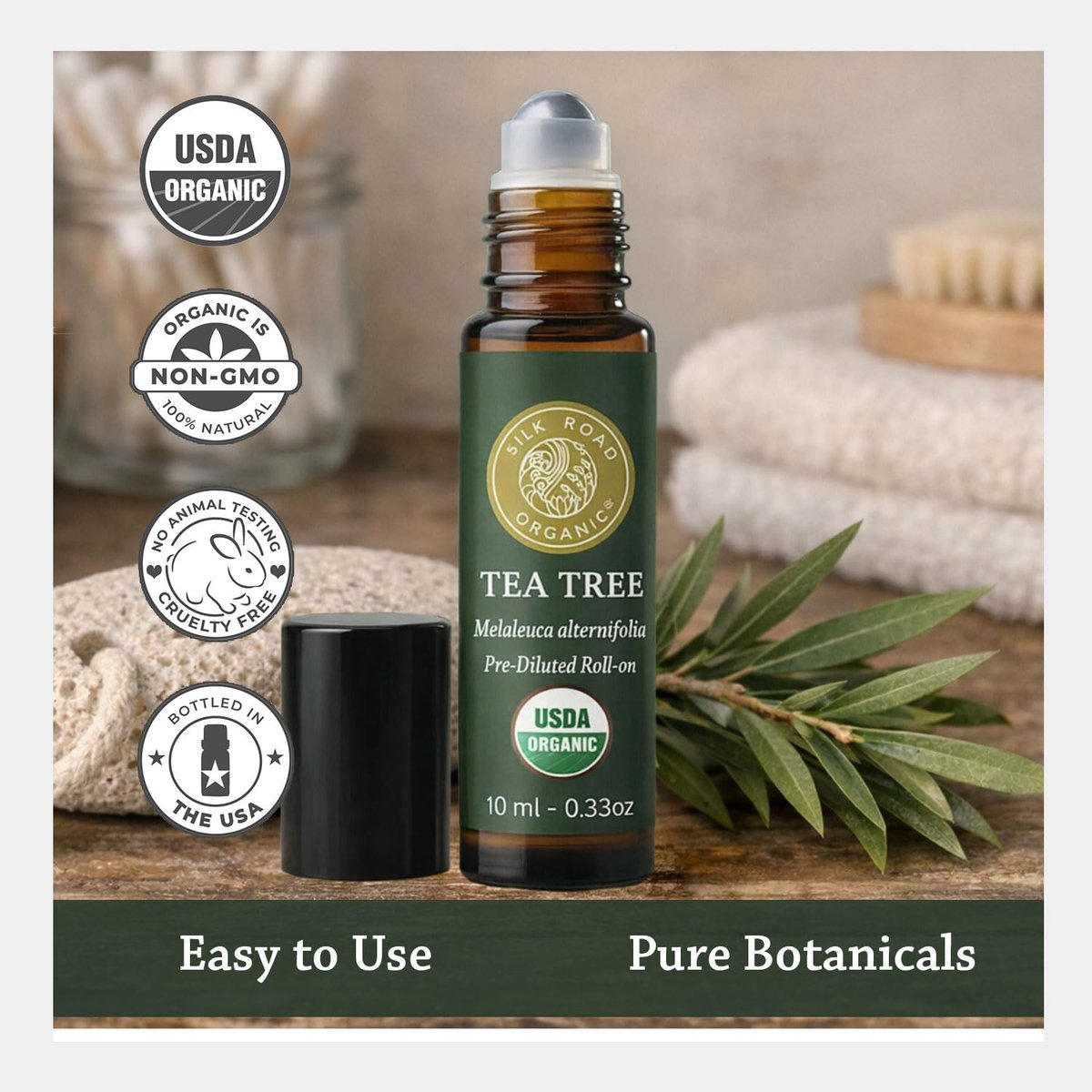 Silk Road Organic Bio Teebaumöl Roll-On für gesunde, klare Haut, Nagel- und Fußpflege – 100 % rein, USDA-zertifiziert, 10 ml