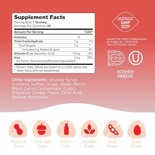 Zahler Eisen Gummibärchen mit Vitamin C – für Frauen, Männer & Kinder – Beste kaubare, leicht verdauliche Koscher-Eisen-Ergänzung für Kinder & Erwachsene – 60 Stück