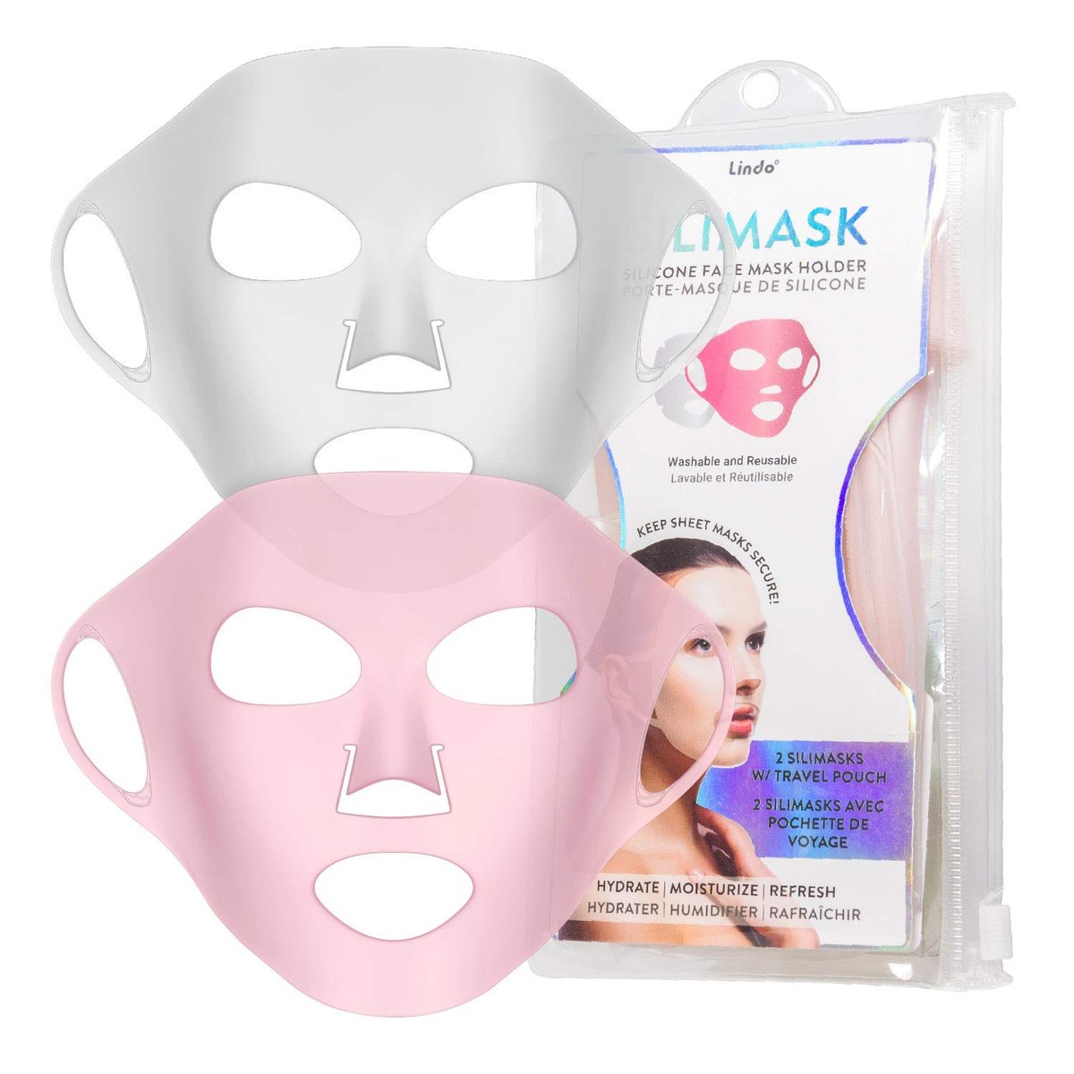 Lindo Silimask Wiederverwendbare Silikon-Gesichtsmaske für Tuchmasken – Inklusive Reisetasche (2er-Pack)
