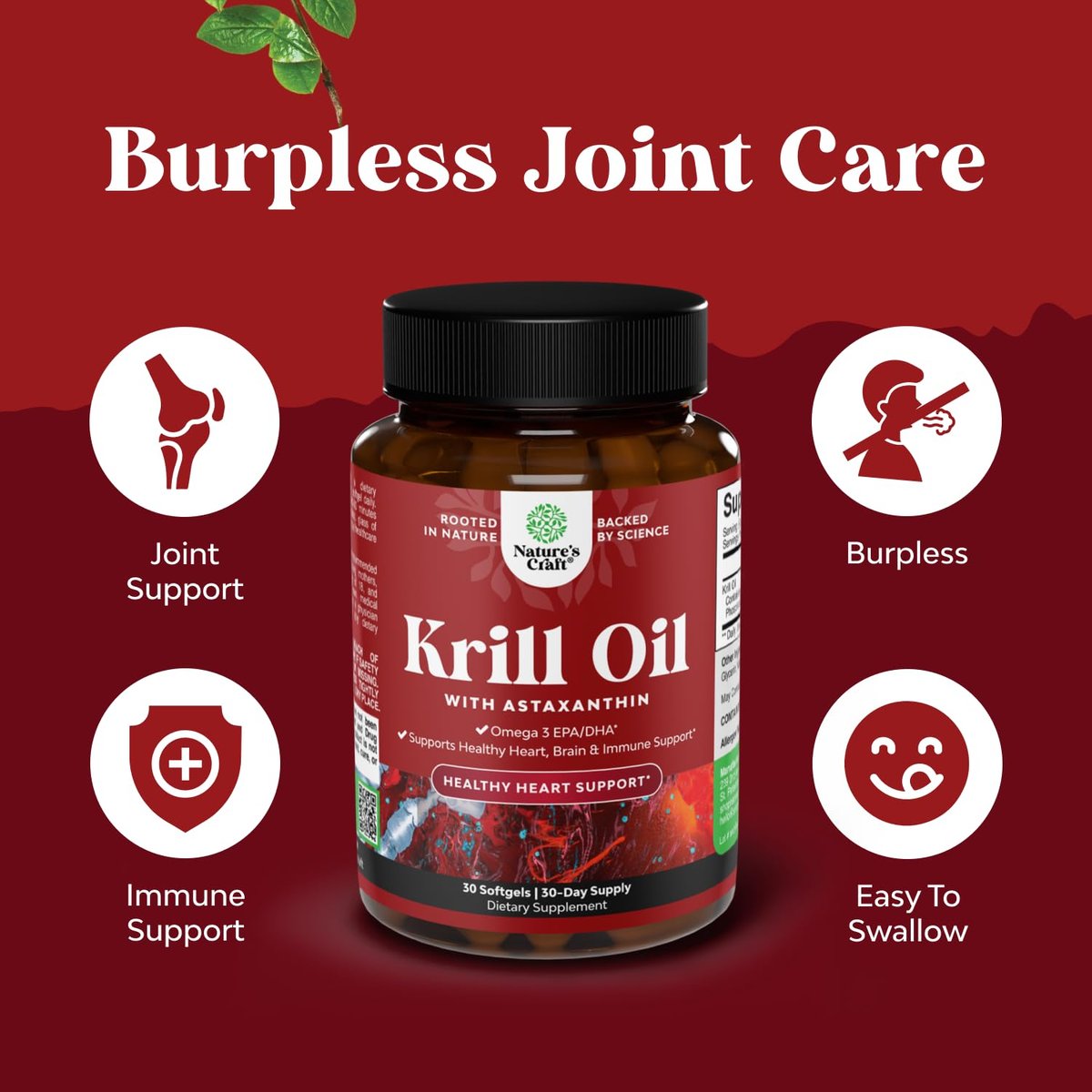 Krill Omega 3 Fischöl Softgels - Konzentriertes Krill EPA & DHA Fischöl Omega 3 Nahrungsergänzung für Frauen & Männer zur Unterstützung des Immunsystems, Gehirn- & Herzgesundheit - Aufstoßfreie Fettsäuren Kapseln - 30 Stück