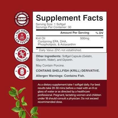 Krill Omega 3 Fischöl Softgels - Konzentriertes Krill EPA & DHA Fischöl Omega 3 Nahrungsergänzung für Frauen & Männer zur Unterstützung des Immunsystems, Gehirn- & Herzgesundheit - Aufstoßfreie Fettsäuren Kapseln - 30 Stück