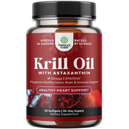 Krill Omega 3 Fischöl Softgels - Konzentriertes Krill EPA & DHA Fischöl Omega 3 Nahrungsergänzung für Frauen & Männer zur Unterstützung des Immunsystems, Gehirn- & Herzgesundheit - Aufstoßfreie Fettsäuren Kapseln - 30 Stück