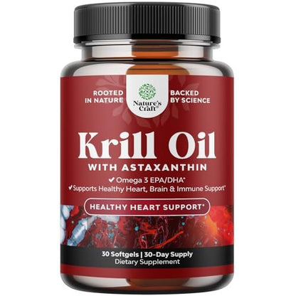 Krill Omega 3 Fischöl Softgels - Konzentriertes Krill EPA & DHA Fischöl Omega 3 Nahrungsergänzung für Frauen & Männer zur Unterstützung des Immunsystems, Gehirn- & Herzgesundheit - Aufstoßfreie Fettsäuren Kapseln - 30 Stück