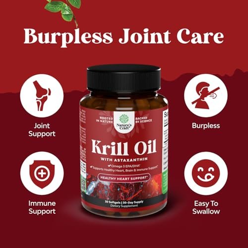 Krill Omega 3 Fischöl Softgels - Konzentriertes Krill EPA & DHA Fischöl Omega 3 Nahrungsergänzung für Frauen & Männer zur Unterstützung des Immunsystems, Gehirn- & Herzgesundheit - Aufstoßfreie Fettsäuren Kapseln - 30 Stück