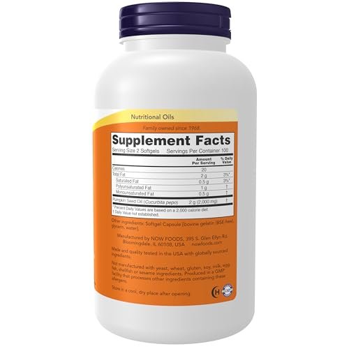 NOW Foods Kürbiskernöl 1000 mg mit essentiellen Fettsäuren und Phytosterolen, kaltgepresst, 200 Softgels