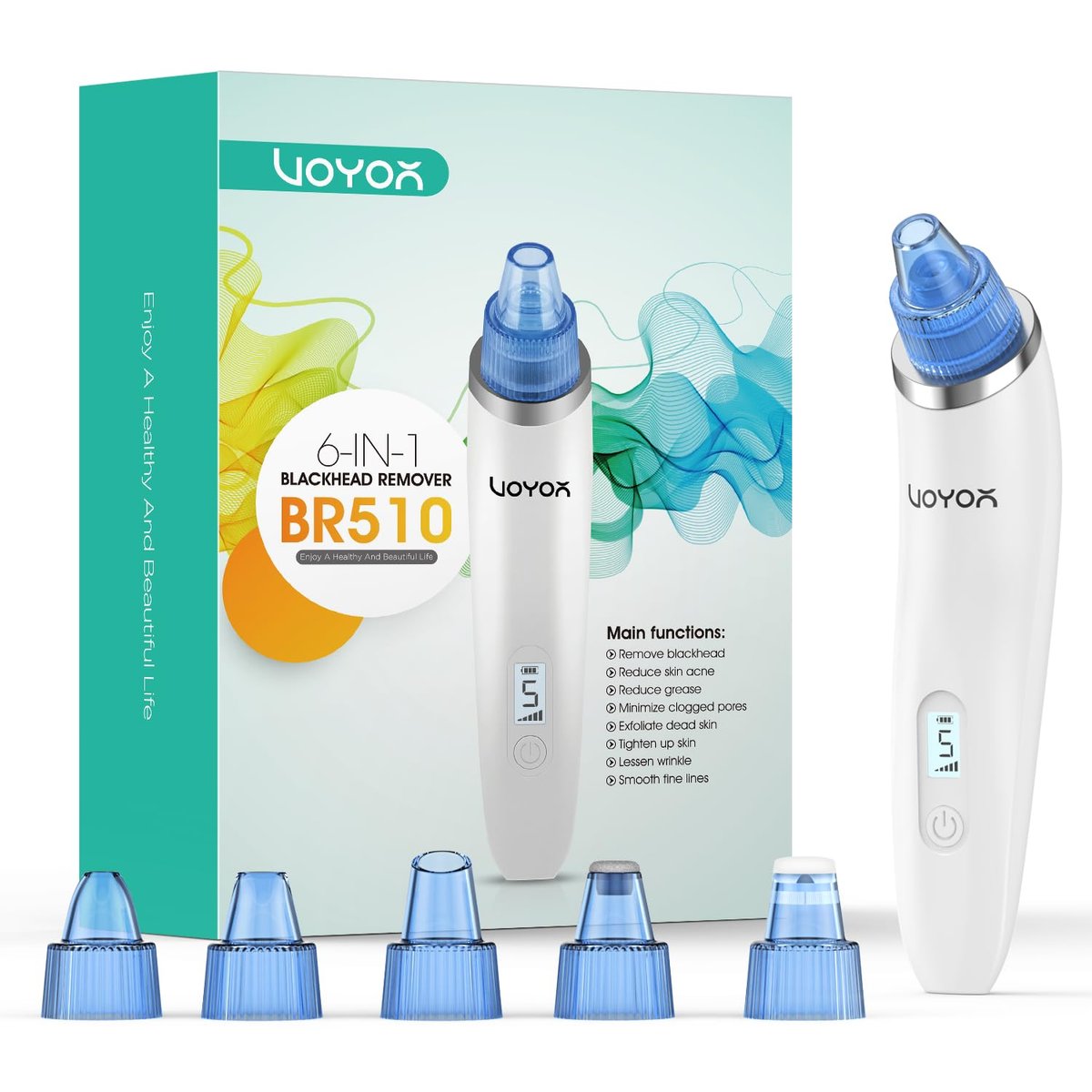 VOYOR Blackhead Remover Pore Vacuum - Mitesserentferner für das Gesicht mit LCD-Bildschirm, 5 Saugstufen und 6 austauschbaren Köpfen, USB-wiederaufladbarer Gesichtsvakuum-Reiniger für Frauen und Männer (BR510)