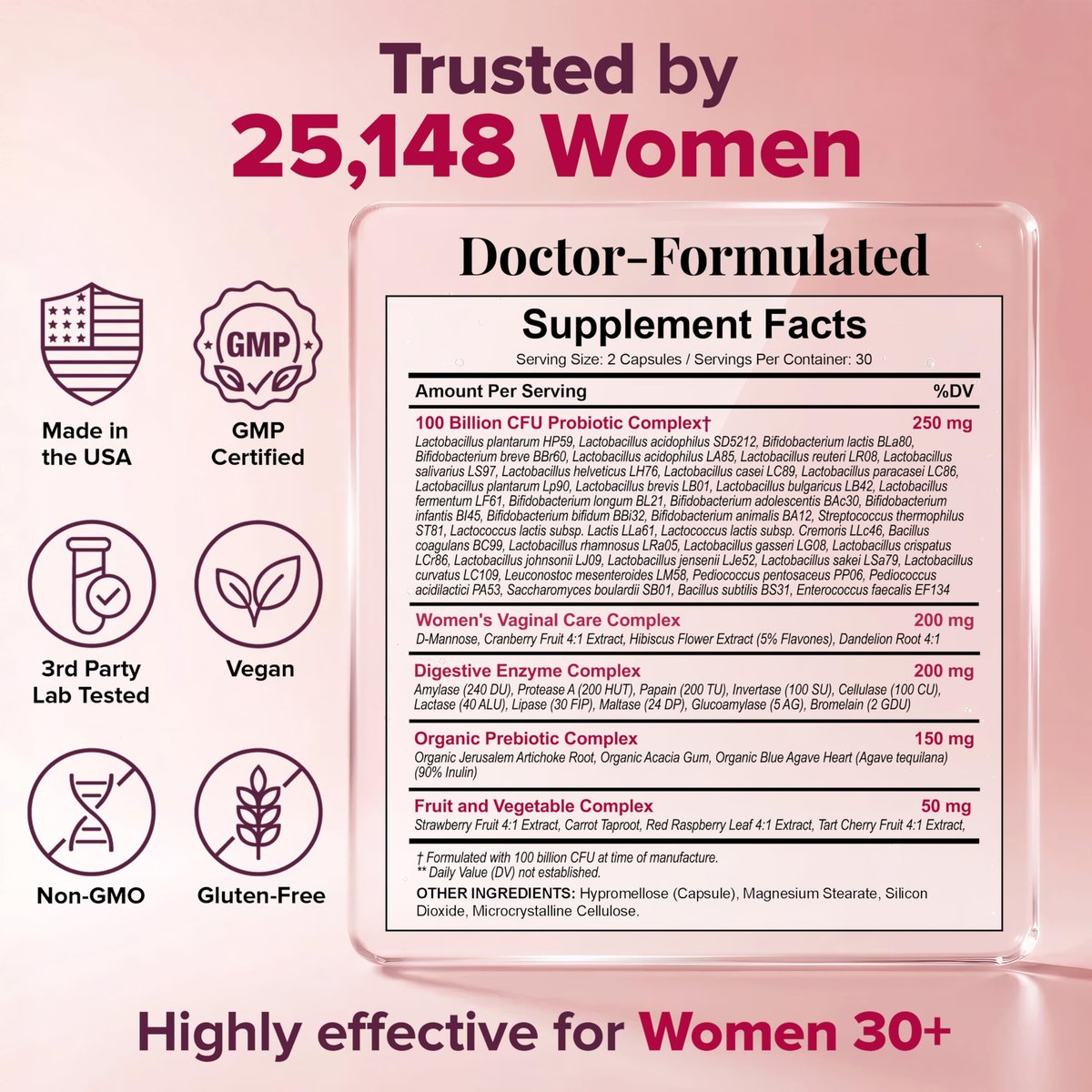 Wholesome Wellness Dr. Formulated Rohprobiotika für Frauen 100 Milliarden KBE Kapseln mit Präbiotika, Verdauungsenzymen, für Erwachsene, haltbares Nahrungsergänzungsmittel
