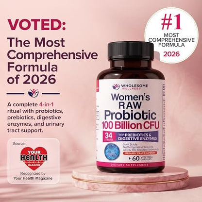 Wholesome Wellness Dr. Formulated Rohprobiotika für Frauen 100 Milliarden KBE Kapseln mit Präbiotika, Verdauungsenzymen, für Erwachsene, haltbares Nahrungsergänzungsmittel